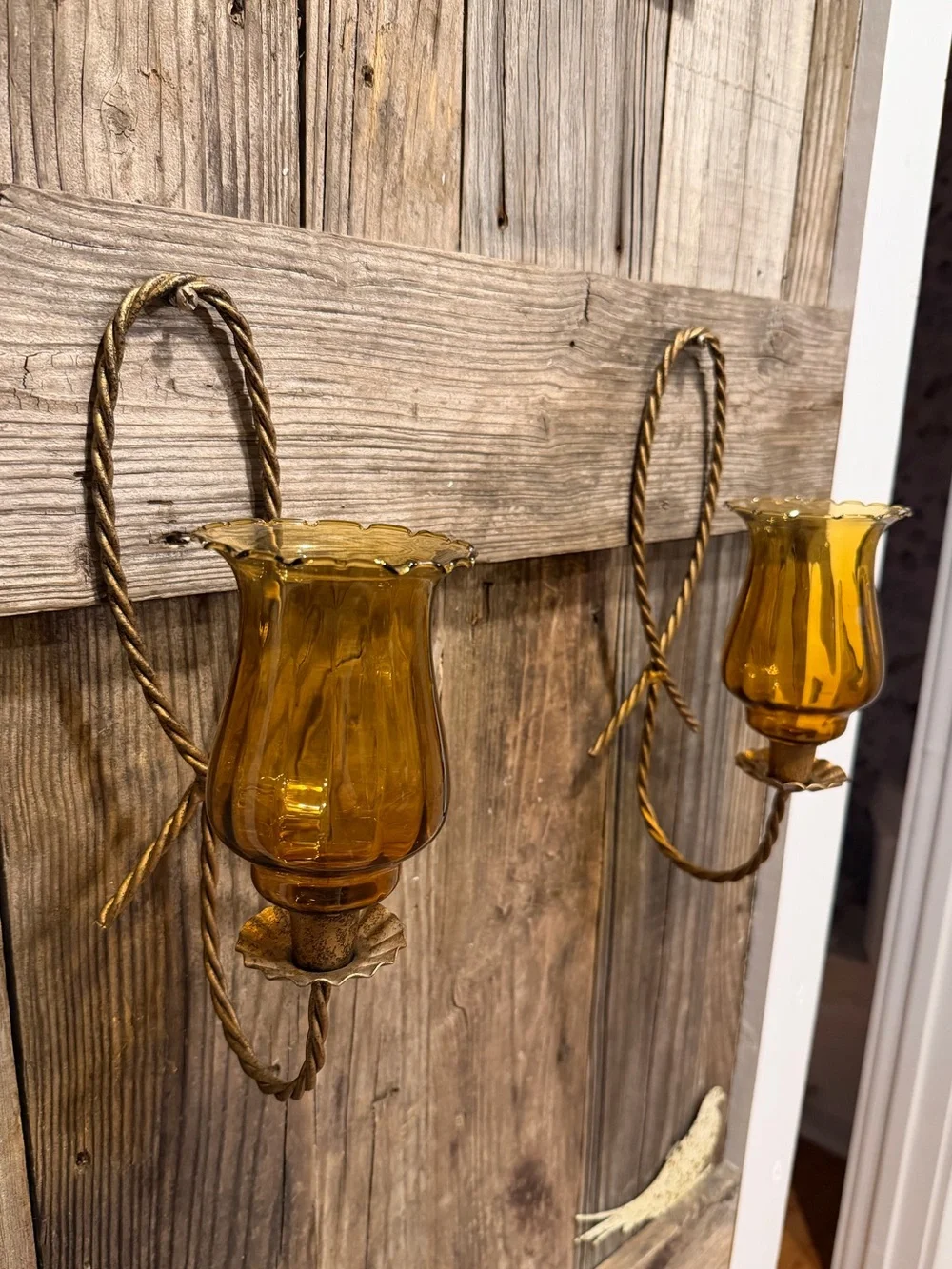 Pair of Vintage BOHO Farmhouse Ruffled Amber Glass Wall Sconces